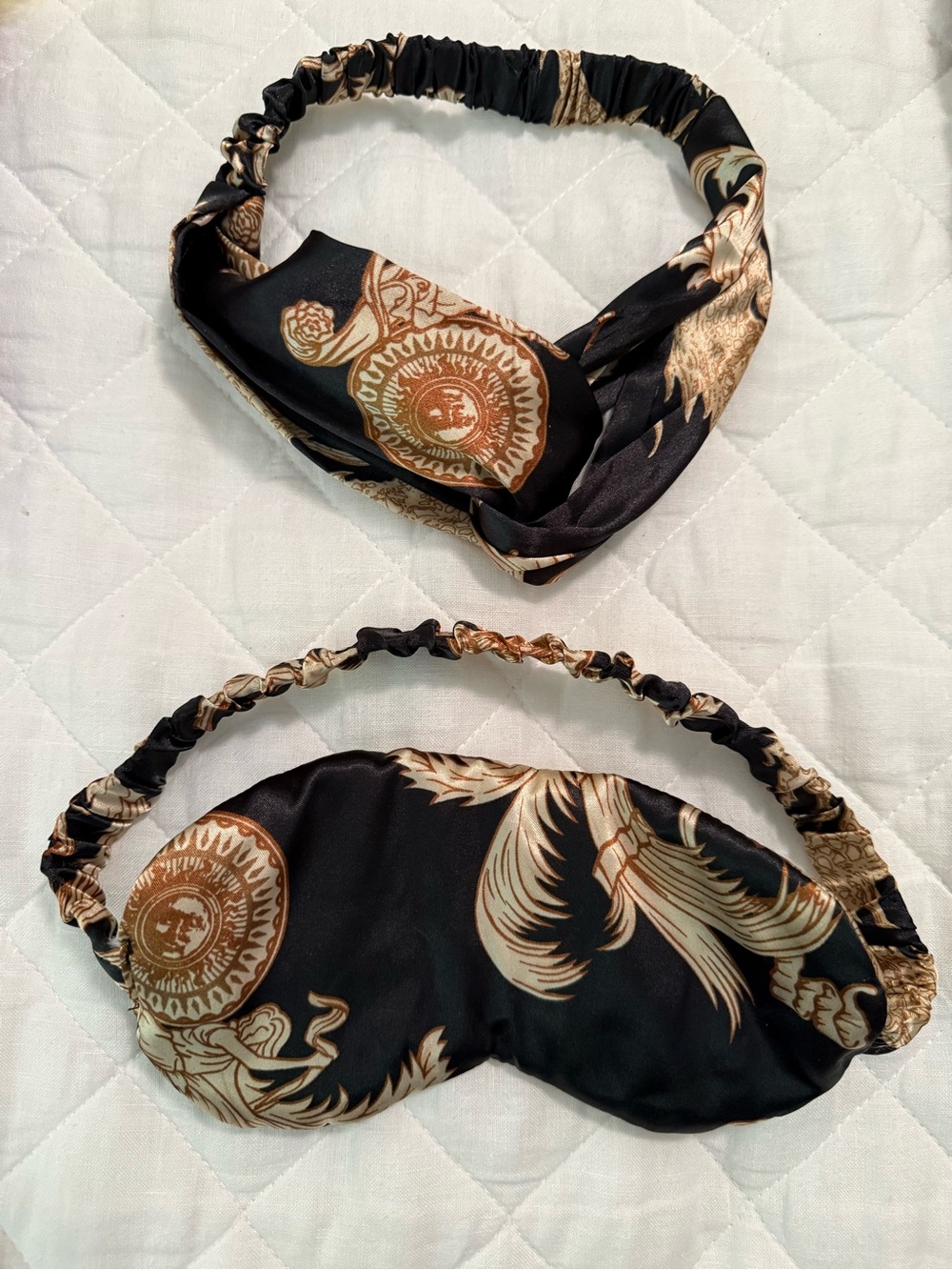 Black & Gold Satin Headband and Sleep Mask Set